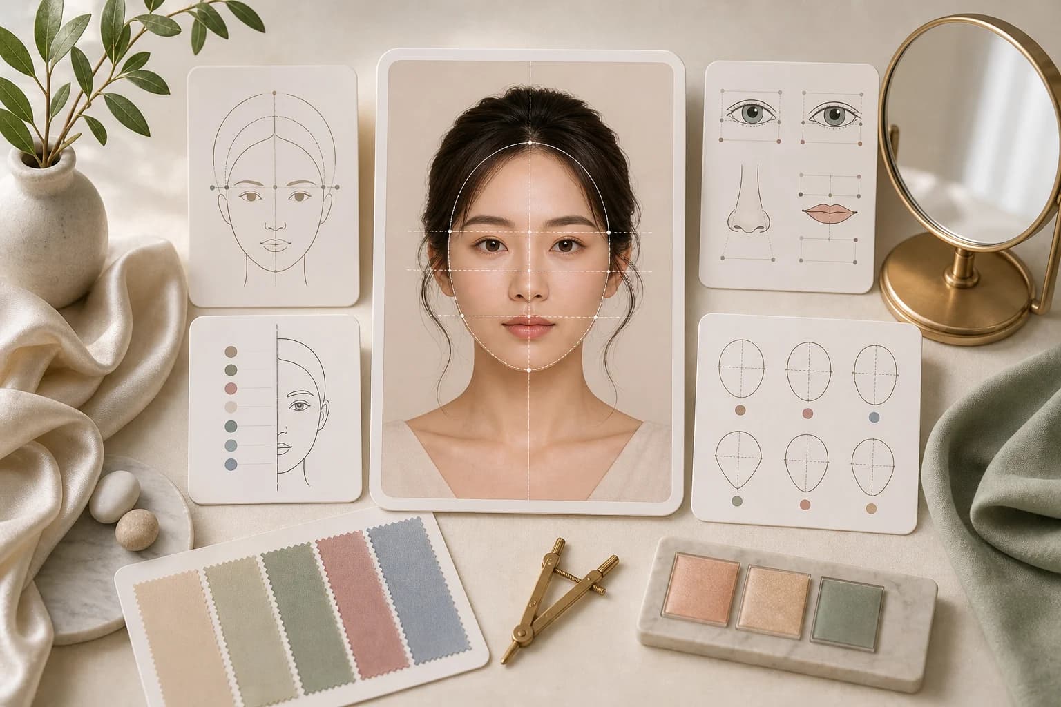 얼굴의 여러 구역을 부드러운 선으로 나눠 표시한 점 관상 안내 일러스트, 실제 인물 없이 도형으로 표현