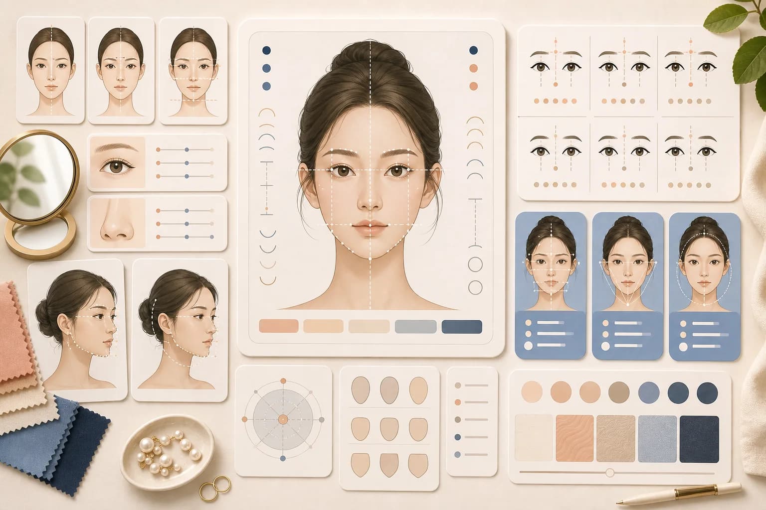 전통적으로 복상으로 여겨 온 이마·코·귓불·윤곽을 부드러운 선으로 표시한 관상 안내 일러스트, 실제 인물 없이 도형으로 표현