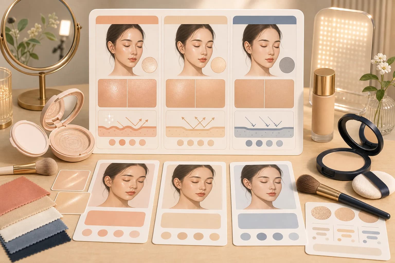 장마철 습한 날 번들거리는 피부와 보송한 피부의 인상 차이를 비교한 일러스트