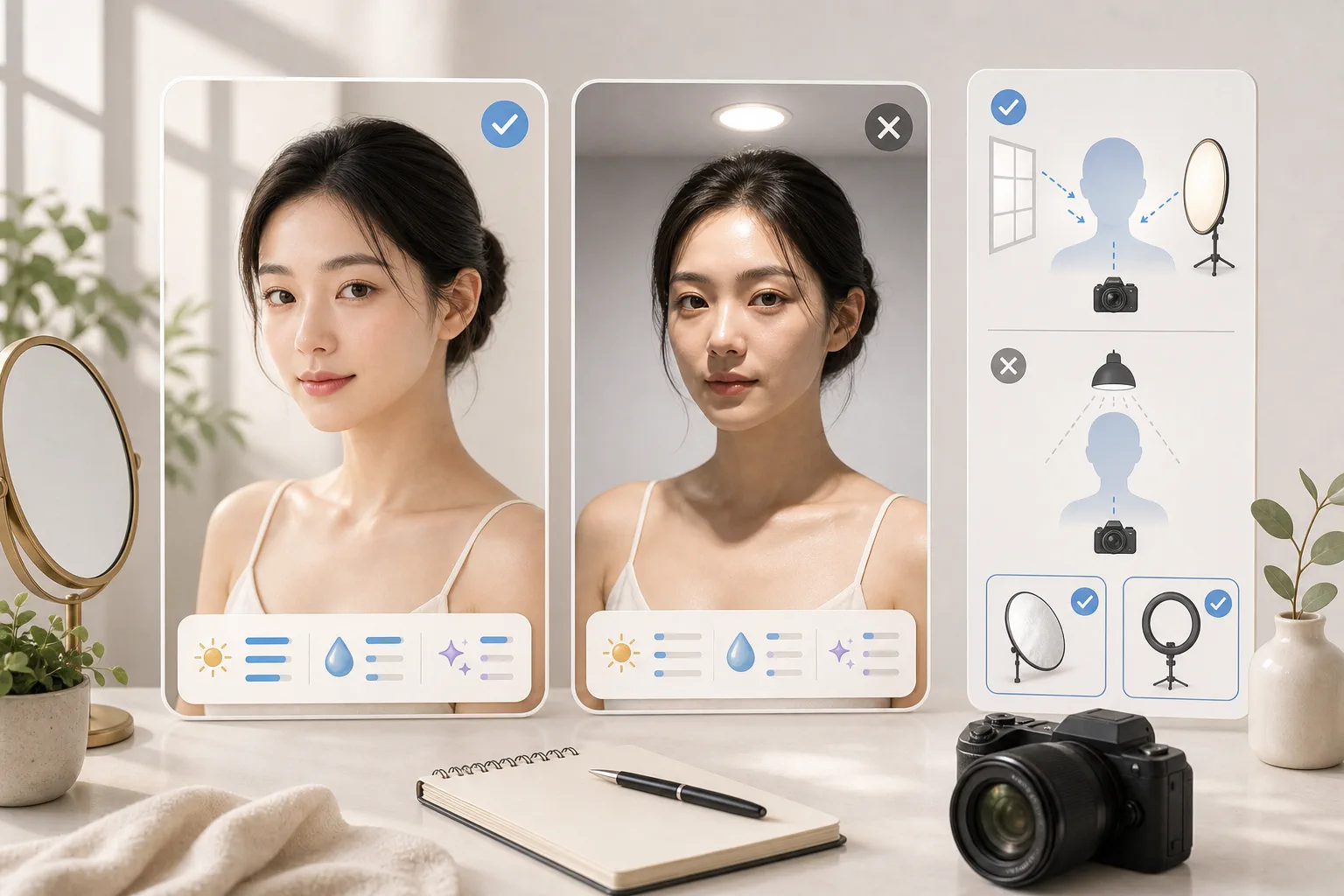 바닷가에서 강한 여름 햇빛과 그늘 아래 셀카를 찍는 모습을 표현한 일러스트