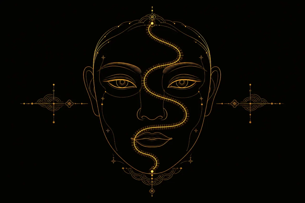 An illustration of the flowing-years face map arranging ages from 1 to 100 across the forehead, nose, and chin, drawn with shapes and lines and no real person