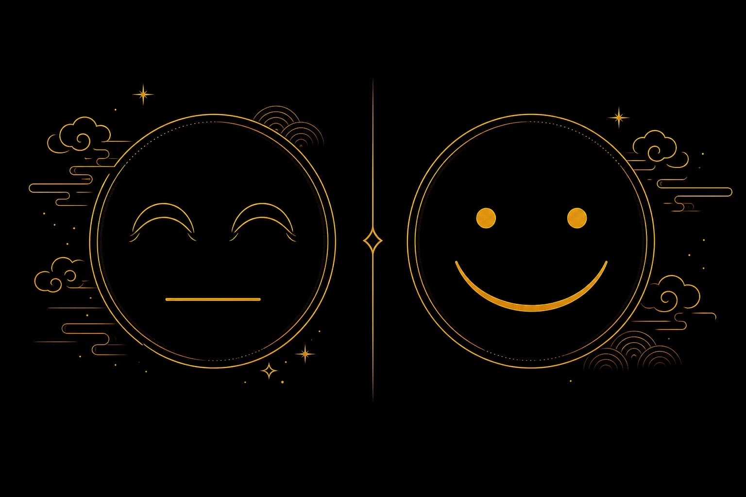 A line-art illustration of one emoticon face smiling with the eyes and another smiling with the mouth