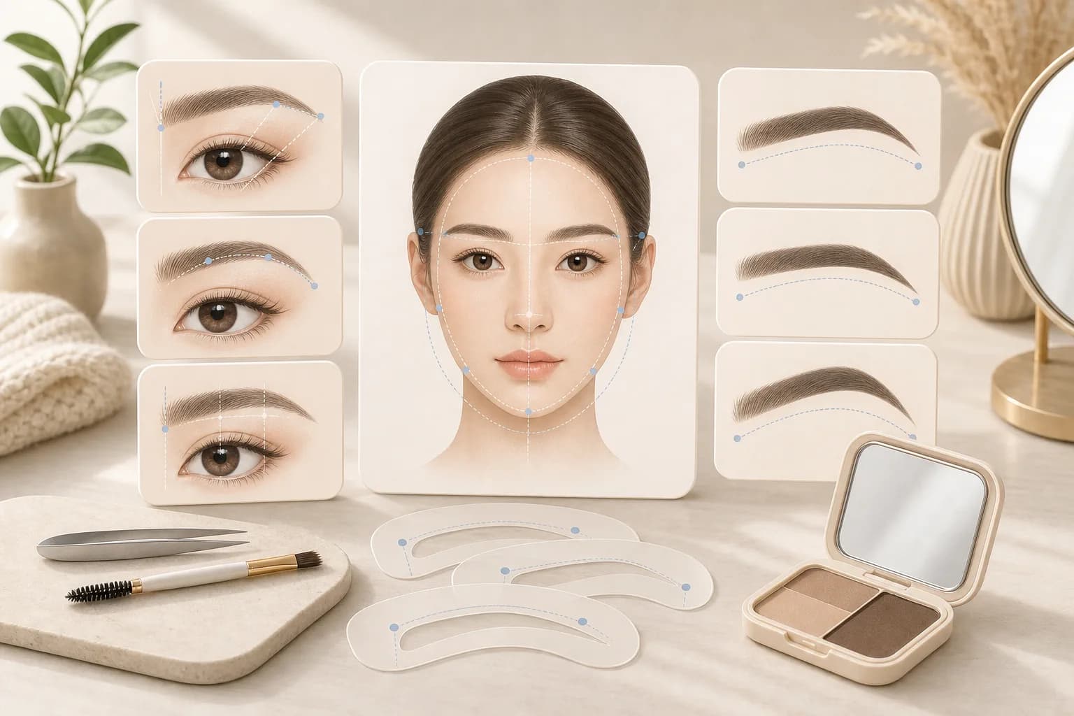 두께·아치·각도가 다른 다양한 눈썹 모양을 보여주는 미니멀한 에디토리얼 일러스트, 글자나 실제 인물 없이 부드러운 파스텔 톤