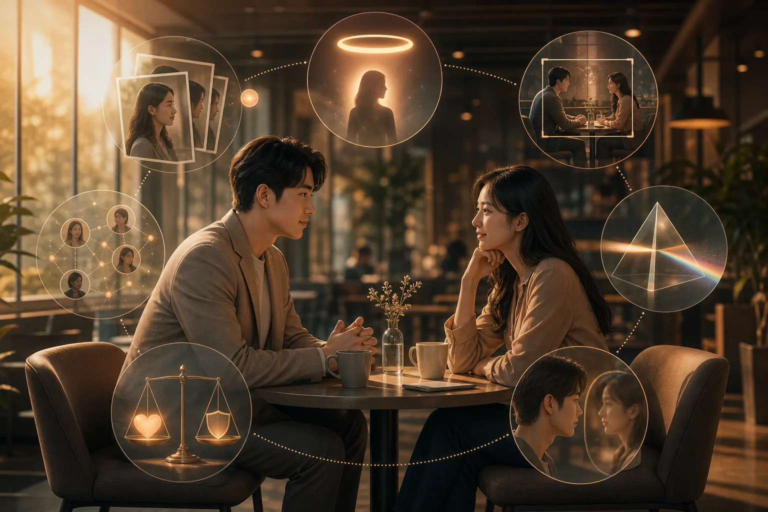 처음 만난 두 사람이 서로를 바라보며 첫인상을 형성하는 따뜻한 분위기의 일러스트