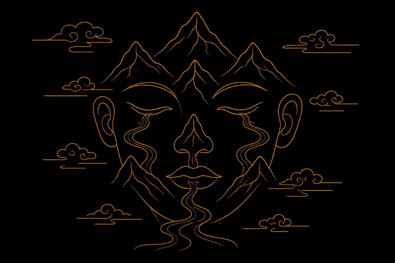 A concept illustration overlaying five mountain peaks and four river lines on a face outline for the Five Peaks and Four Rivers idea, drawn as shapes and lines with no real person