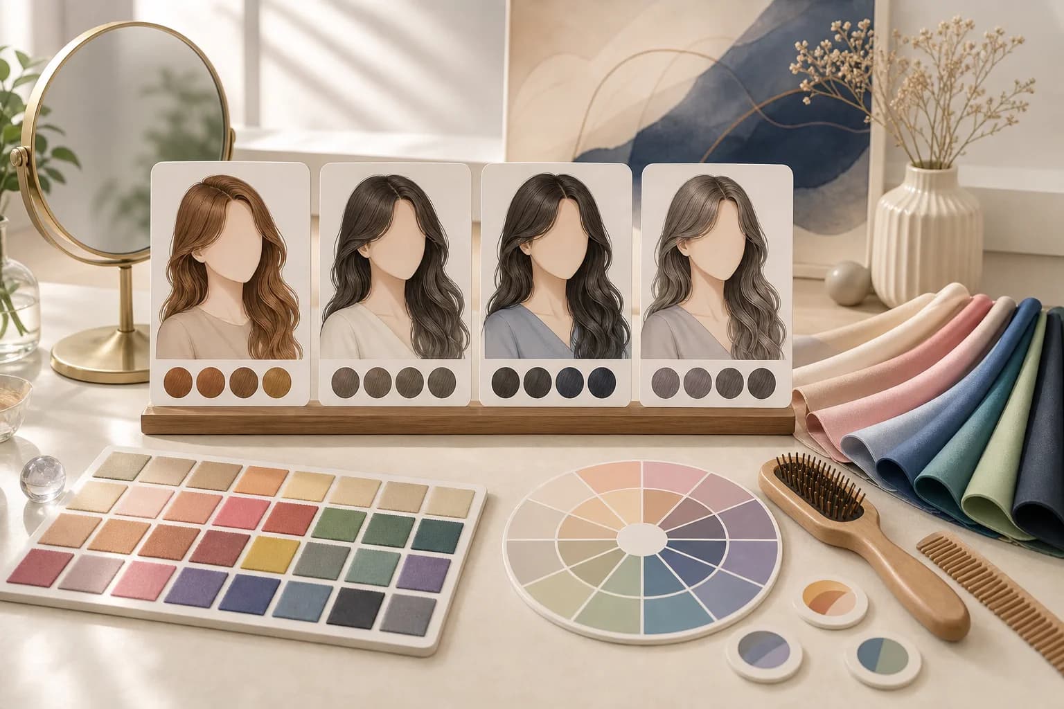 Styling reference illustration laying out havana, gold, black, silver, and clear eyeglass frame colors arranged by warm, cool, and neutral tones