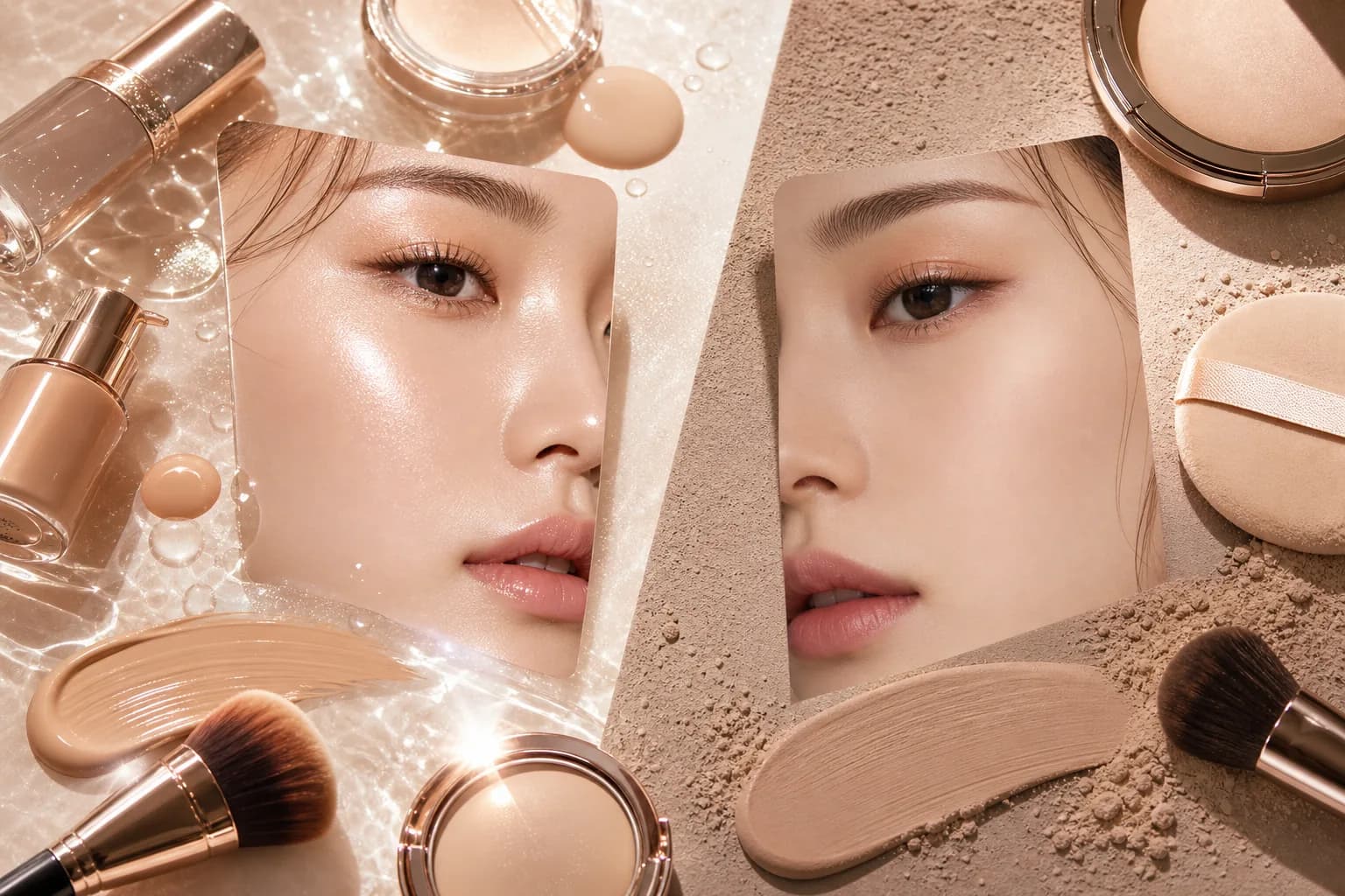 글로우와 매트 두 가지 베이스 메이크업 마무리를 나란히 비교한 화장대 위 코스메틱 플랫레이