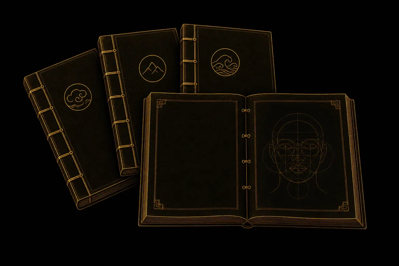 Illustration of four classic physiognomy texts — Mayi, Liuzhuang, Shenxiang, and Damo — lined up as old books