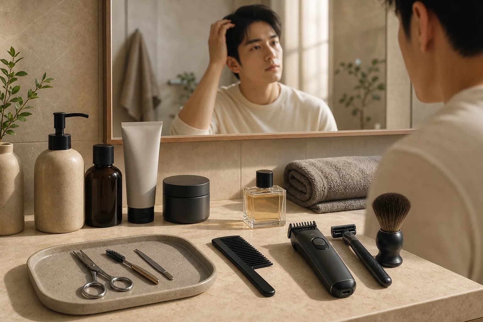 세면대 앞에서 그루밍 기본 도구를 정리한 남성의 모습