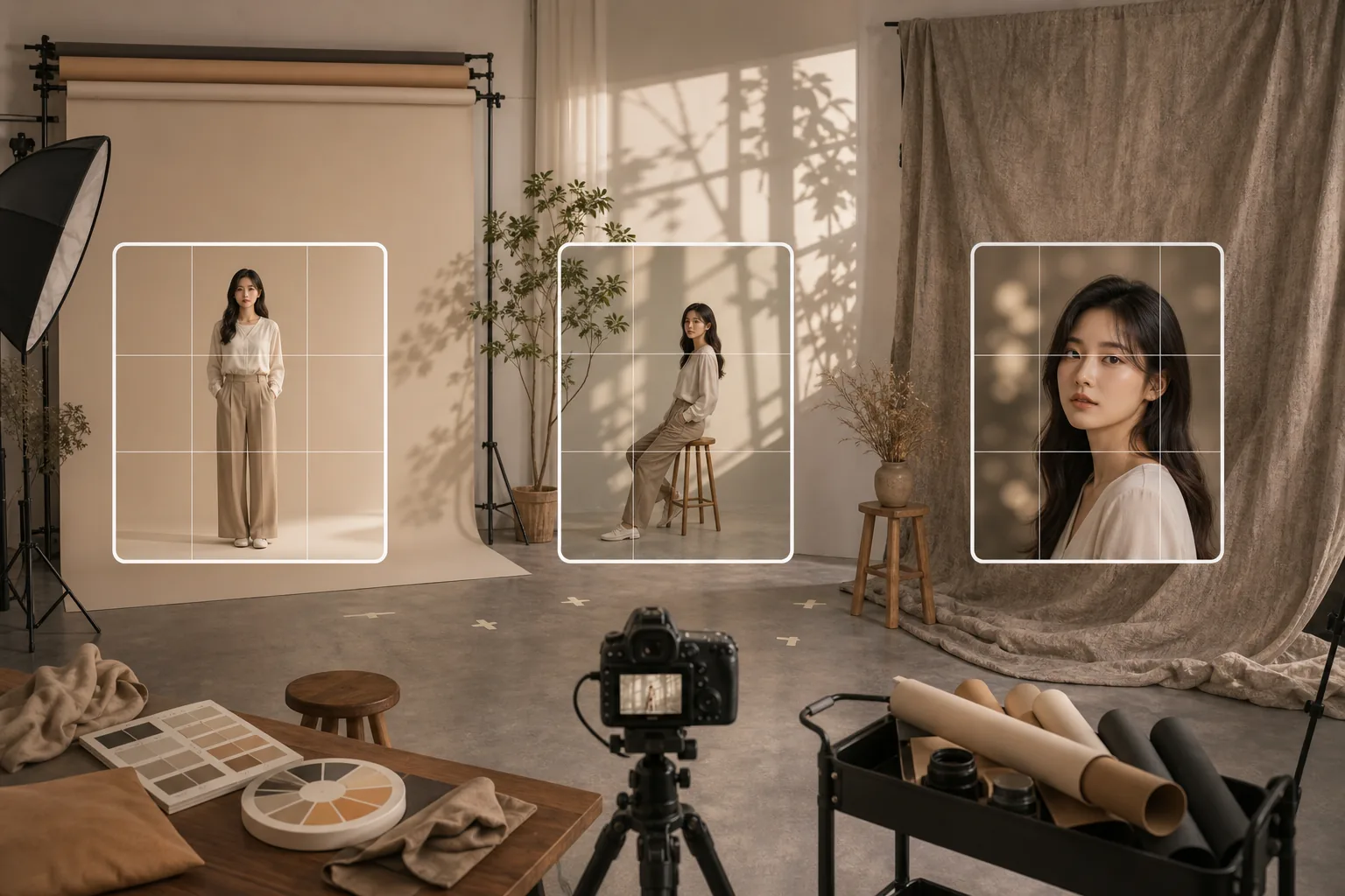 A set of portrait examples showing how background and composition change the mood