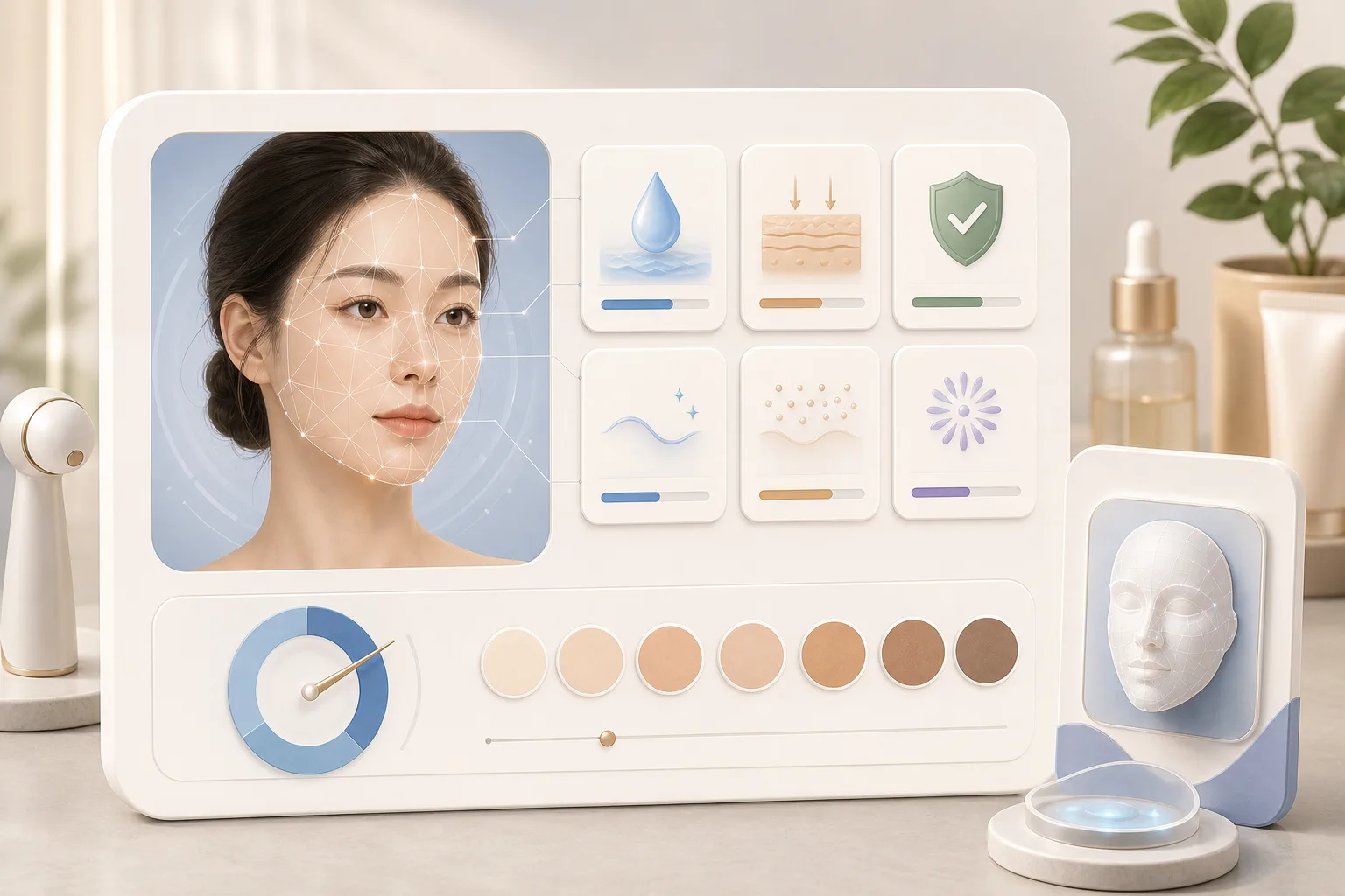 스마트폰 화면에 뜬 얼굴 무드 리포트 카드와 색·빛·표정 아이콘을 부드럽게 표현한 에디토리얼 일러스트, 실제 인물이나 글자는 없음