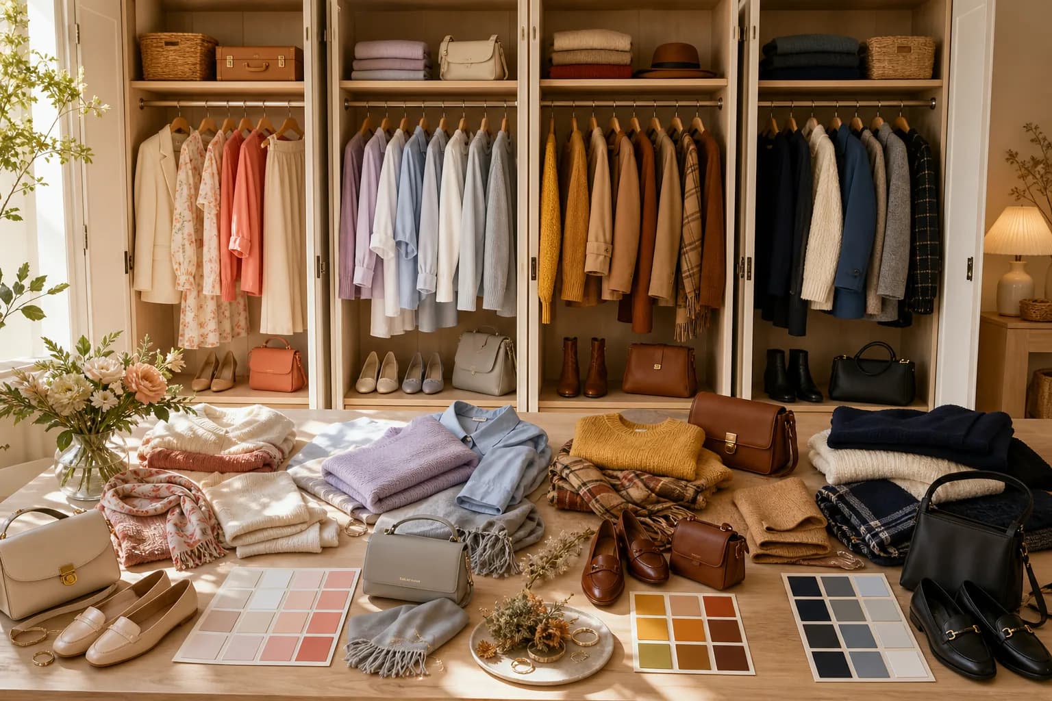 A wardrobe organized by season with spring, summer, autumn, and winter color palette swatch cards