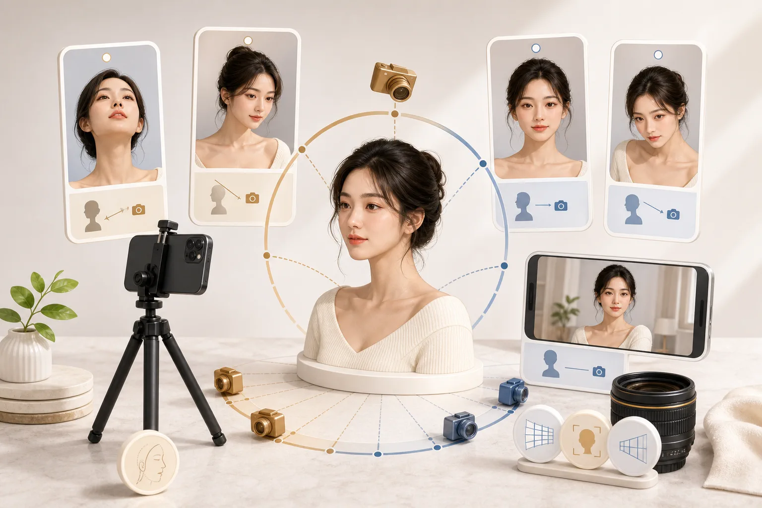 같은 인물을 가까운 거리와 먼 거리에서 찍었을 때 코·이마 비율이 달라지는 원근 왜곡을 보여 주는 편집용 일러스트