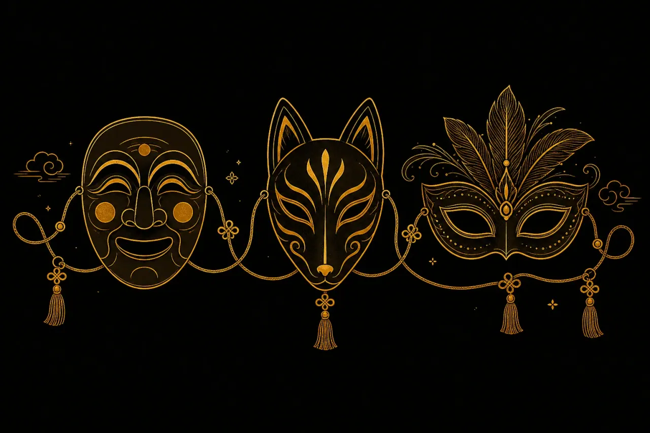 A line-art illustration of three festival masks side by side: a Korean tal, a Japanese fox mask, and a carnival mask