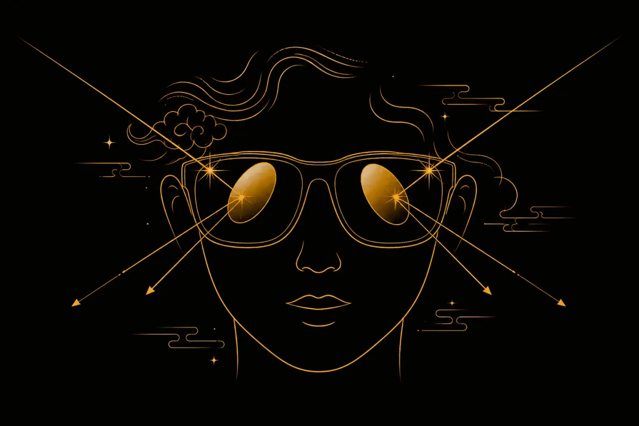 A line-art illustration of a face wearing sunglasses with the gaze hidden