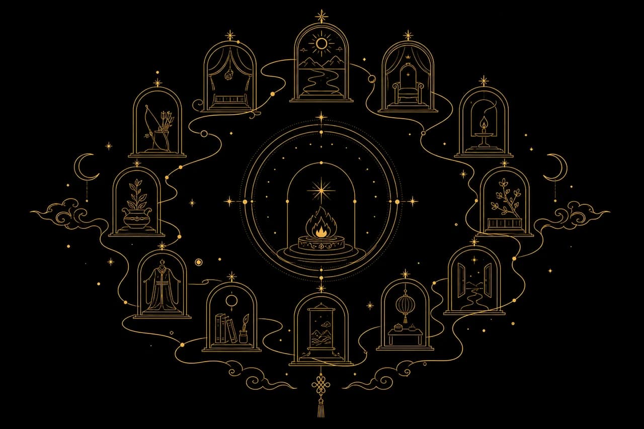 An illustration of a physiognomy face map marking the positions of the twelve palaces, such as the Life, Wealth, and Parents palaces