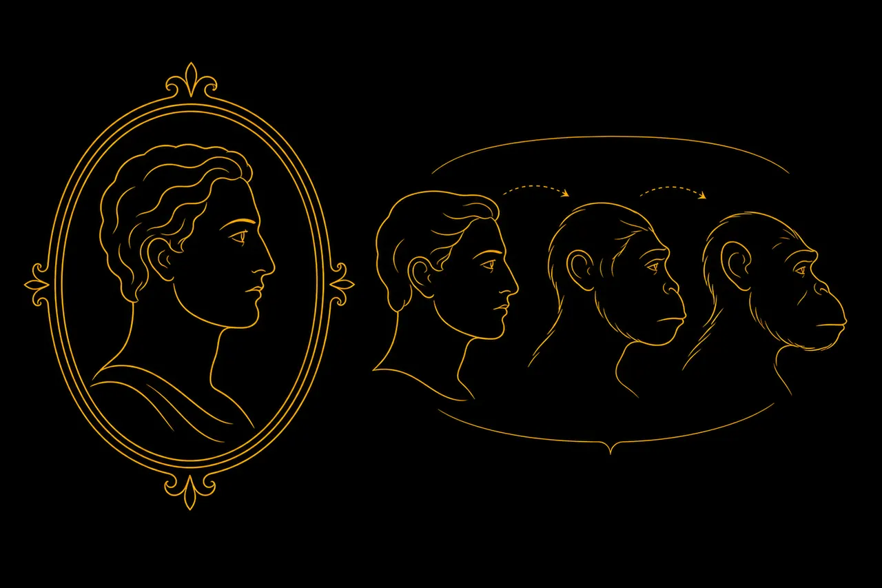 위아리스토텔레스·델라 포르타·라바터로 이어지는 서양 관상(physiognomy)의 역사를 나타낸 일러스트
