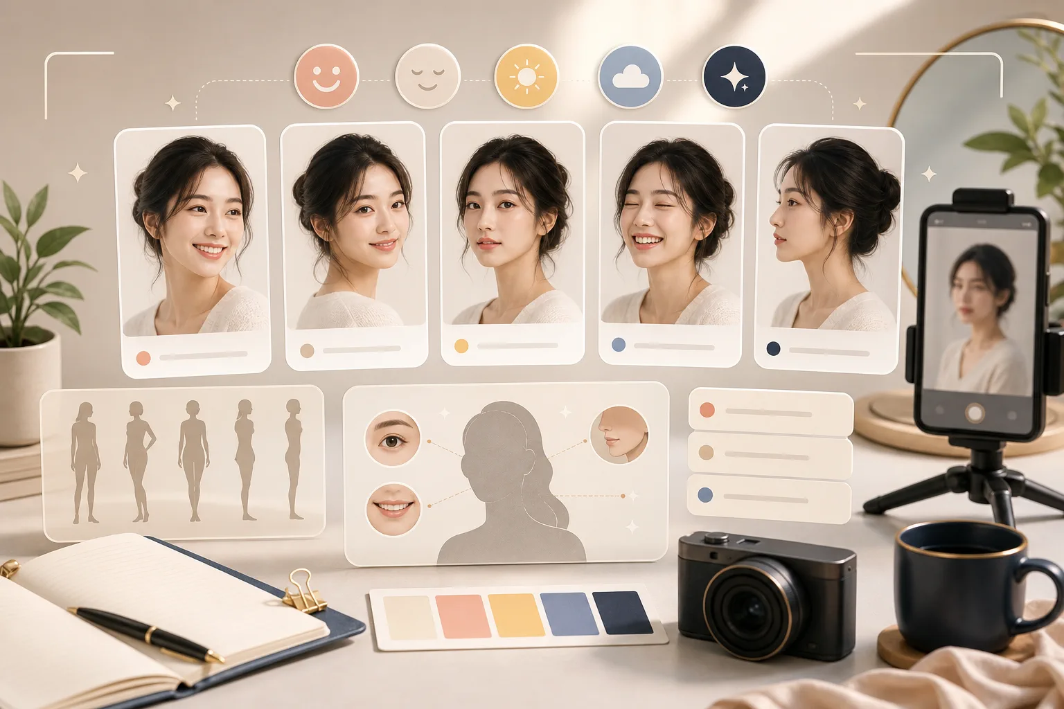 촉촉한 글로우 베이스와 코랄 크림 치크, 글로시 립이 놓인 밝은 톤의 코스메틱 플랫레이 일러스트