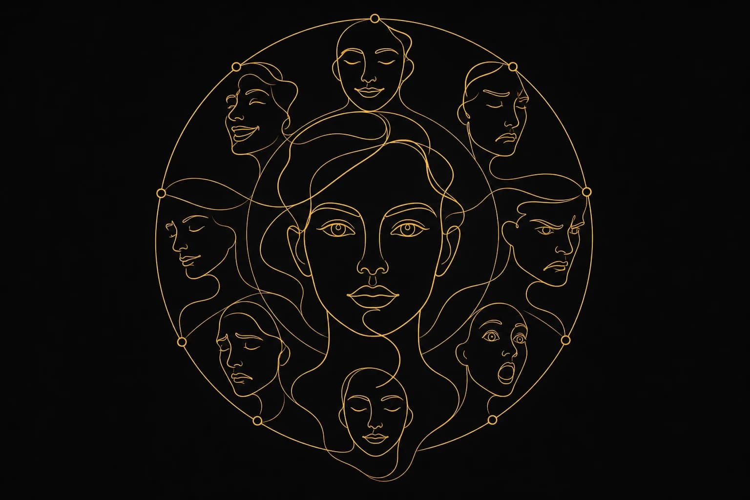 World map of face-reading words, Western edition — gold line-art wheel of expressive faces