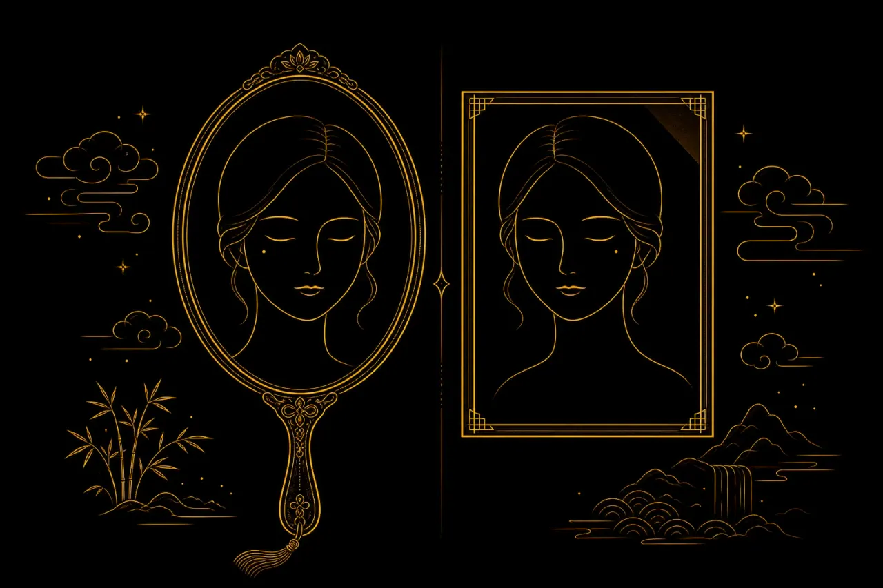 얼굴과 거울에 비친 좌우 반전된 얼굴을 가운데 거울선으로 나눠 그린 라인아트 일러스트